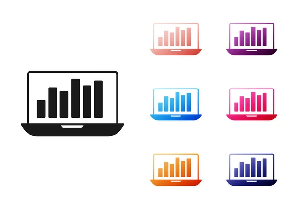 Fekete Laptop grafikon ikon elszigetelt fehér háttér. Szöveges fájl ikon jelentése. Könyvelési jel. Ellenőrzés, elemzés, tervezés. Állítsa be az ikonok színes. Vektor — Stock Vector
