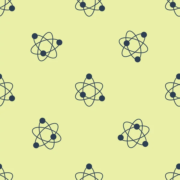 Icône Atome bleu isolé motif sans couture sur fond jaune. Symbole de la science, de l'éducation, de la physique nucléaire, de la recherche scientifique. Vecteur — Image vectorielle