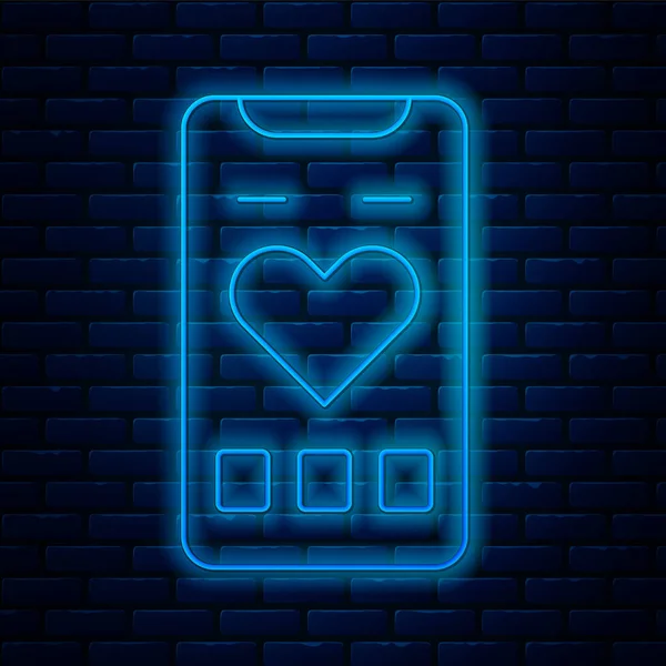 Linha de néon brilhante Smartphone com ícone de função monitor de frequência cardíaca isolado no fundo da parede de tijolo. Vetor —  Vetores de Stock
