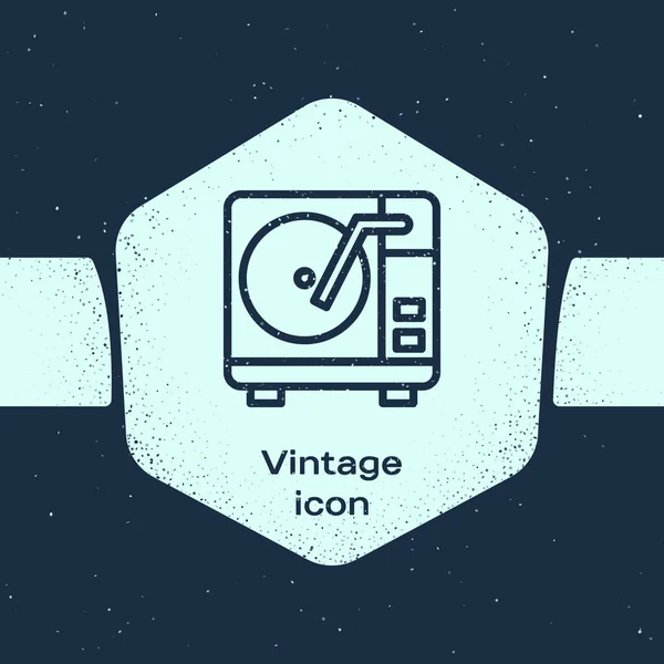 Grunge line Jogador de vinil com um ícone de disco de vinil isolado no fundo azul. Desenho vintage monocromático. Vetor —  Vetores de Stock
