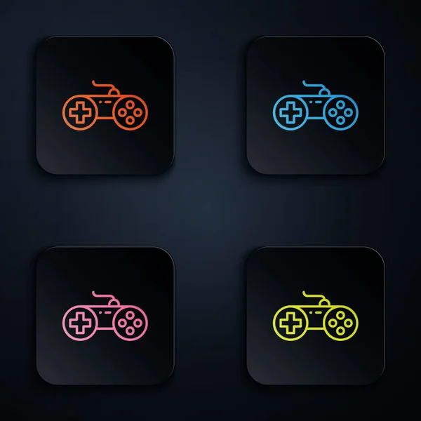 Color neón línea Gamepad icono aislado sobre fondo negro. Controlador de juego. Establecer iconos en botones cuadrados. Vector — Vector de stock