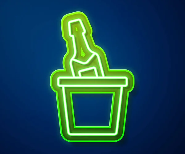 Glowing neon line Bottle of champagne in an ice bucket icon isolated on blue background. Vector — Stock Vector