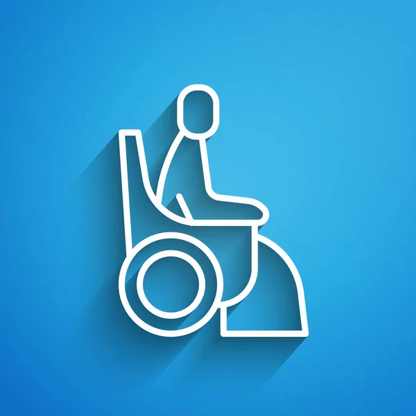 White line Woman in wheelchair for disabled person icon isolated on blue background. Long shadow. Vector — Vettoriale Stock