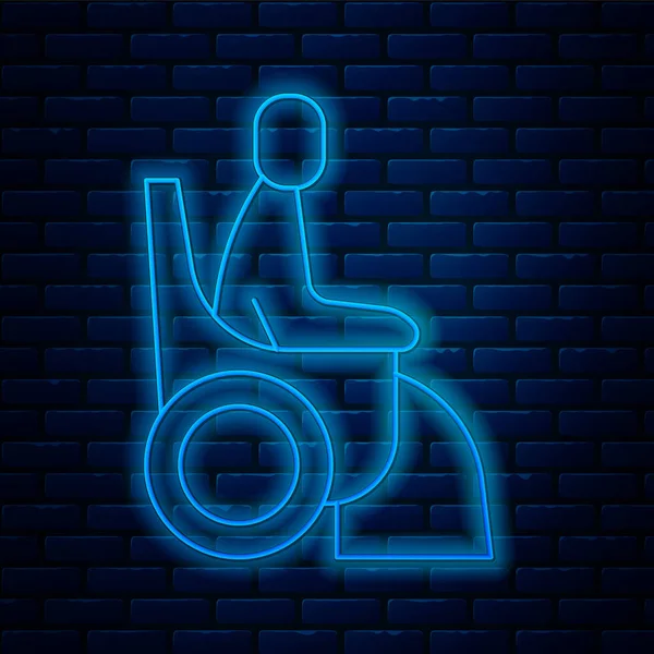 Glowing neon line Woman in wheelchair for disabled person icon isolated on brick wall background. Vector — Wektor stockowy