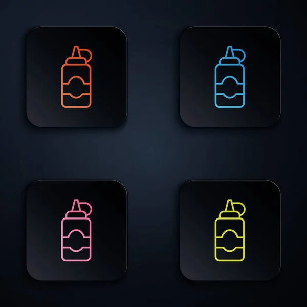Barva neon linka Omáčka láhev ikona izolované na černém pozadí. Kečup, hořčice a majonéza s omáčkou na rychlé občerstvení. Nastavit ikony v hranatých tlačítcích. Vektor — Stockový vektor