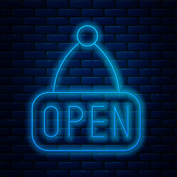 Glowing neon line Hanging sign with text Open door icon isolated on brick wall background. Vector — Stock Vector