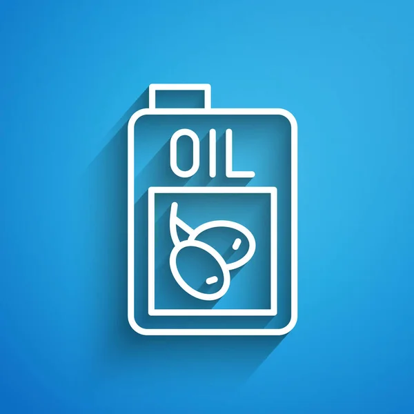 Línea blanca Botella de aceite de oliva icono aislado sobre fondo azul. Jarra con icono de aceite de oliva. Larga sombra. Vector — Vector de stock