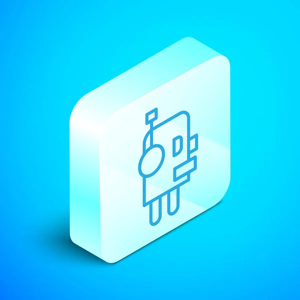 Isometric line Robot icon isolated on blue background. Artificial intelligence, machine learning, cloud computing. Silver square button. Vector — Stock Vector