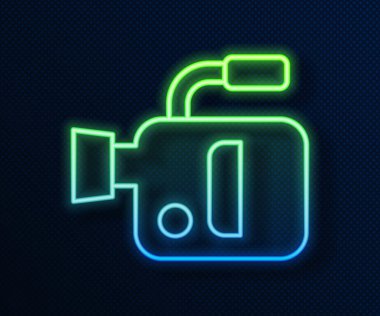 Parlayan neon hattı sinema kamerası ikonu mavi arkaplanda izole edildi. Video kamera. Film tabelası. Film projektörü. Vektör