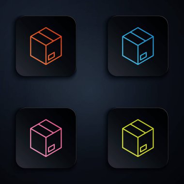 Renkli neon çizgi karton kutu simgesi siyah arkaplanda izole edildi. Kutu, paket, paket işareti. Teslimat ve ambalaj. Kare düğmelere simgeleri yerleştir. Vektör