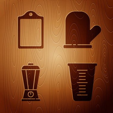 Set Measuring cup, Cutting board, Blender and Oven glove on wooden background. Vector