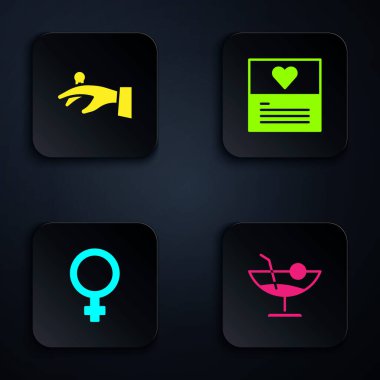 Set Cocktail, Wedding rings on hand, Female gender symbol and Greeting card. Black square button. Vector
