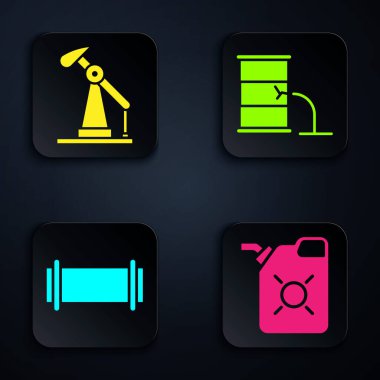 Set Canister for motor oil, Oil pump or pump jack, Industry pipe and Barrel oil leak. Black square button. Vector