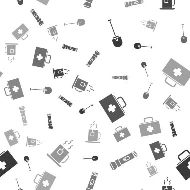 Set Shovel, Flashlight, First aid kit and Cup of tea with tea bag on seamless pattern. Vector