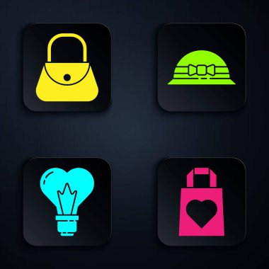 Set Shopping bag with heart, Handbag, Heart shape in a light bulb and Elegant women hat. Black square button. Vector
