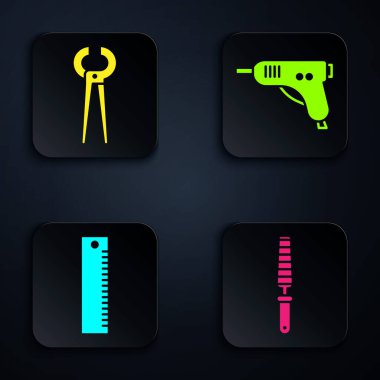 Set Chisel tool for wood, Pincers and pliers, Ruler and Electric hot glue gun. Black square button. Vector