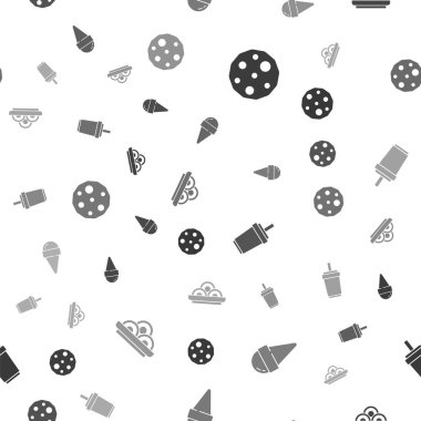 Set Cookie or biscuit, Ice cream in waffle cone, Paper glass with straw and Asian noodles bowl on seamless pattern. Vector