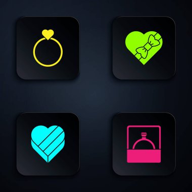 Elmas nişan yüzüğü, alyans, kalp şeklinde şeker kutusu ve... Siyah kare düğme. Vektör