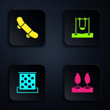 Set Forest, Skateboard trick, Climbing wall and Swing. Black square button. Vector