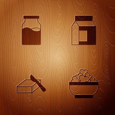 Set Cottage cheese, Bottle with milk, Butter in butter dish and Paper package for on wooden background. Vector