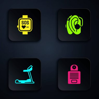 Dahili telefonu, akıllı saati, koşu bandını ve işitme cihazını ayarla. Siyah kare düğme. Vektör