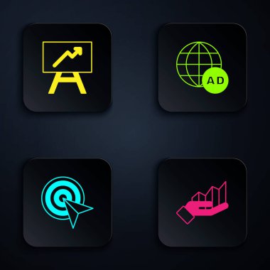 Set Pie chart infographic, Board with, Target and Advertising. Black square button. Vector