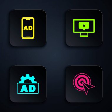 Set Target, Advertising, and Monitor with star. Black square button. Vector