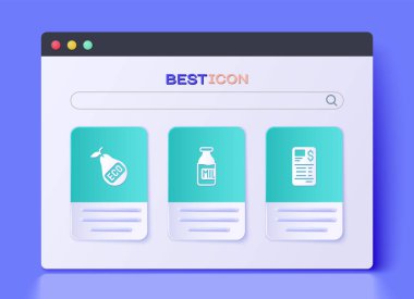 Set Bottle with milk, Healthy organic pear and Paper financial check icon. Vector