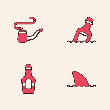 Köpekbalığı yüzgecini okyanus dalgasına, tüttürme piposuna, mesaj suyuyla şişeye ve alkollü içki ikonuna ayarla. Vektör