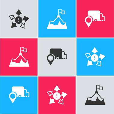 Set Many ways directional arrow, Mountains with flag and Delivery tracking icon. Vector