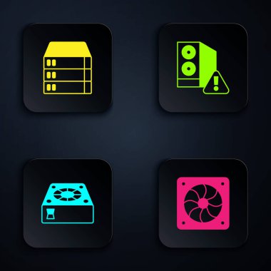 Set Computer cooler, Server, Data, Web Hosting, and Case of computer. Black square button. Vector