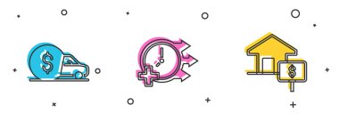 Araba kiralama, saat ve evi dolar ikonuyla ayarla. Vektör