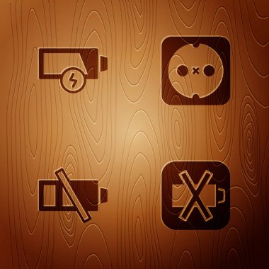 Set Low battery, and Electrical outlet on wooden background. Vector
