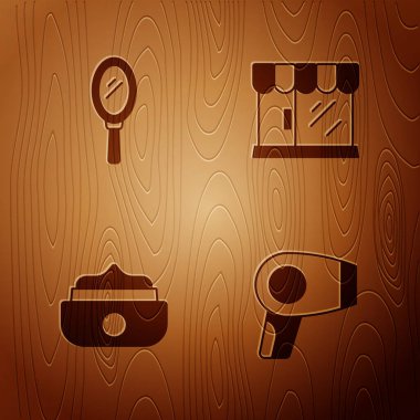 Set Hair dryer, Hand mirror, Gel wax for hair styling and Barbershop building on wooden background. Vector