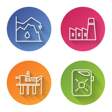 Set line Drop in crude oil price, Oil industrial factory building, Oil platform in the sea and Canister for motor oil. Color circle button. Vector