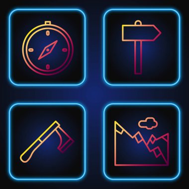Set line Mountains, Wooden axe, Compass and Road traffic signpost. Gradient color icons. Vector