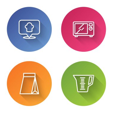 Set line Chef hat with location, Microwave oven, Bag of coffee beans and Measuring cup. Color circle button. Vector