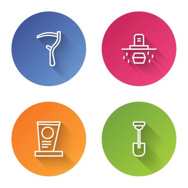 Tırpan, Tabutlu Mezar, Mezar taşı ve Kürek. Renkli daire düğmesi. Vektör