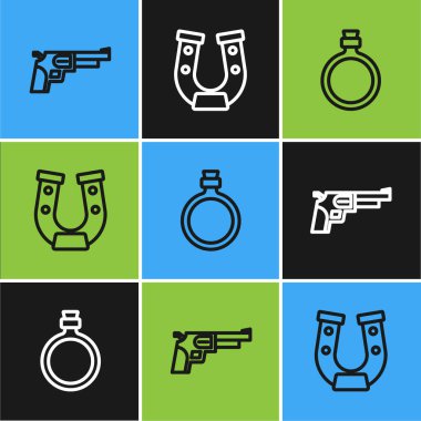 Set line Revolver gun, Canteen water bottle and Horseshoe icon. Vector