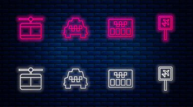 Taksi, Taksimetre, Kablo ve Havalimanı hattını ayarlayın. Tuğla duvarda parlayan neon simgesi. Vektör
