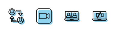 Set line Video chat conference, Project team base, Camera and camera Off laptop icon. Vector