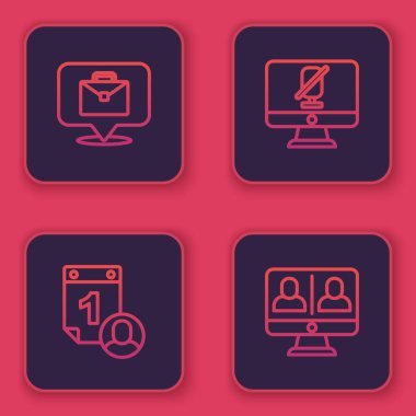 Set line Online working, Time management, Mute microphone on computer and Video chat conference. Blue square button. Vector