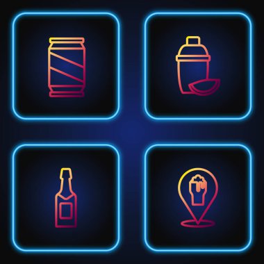 Alkol ya da bira barı, şampanya şişesi, bira kutusu ve limonlu kokteyl karıştırıcısı. Renk simgeleri. Vektör