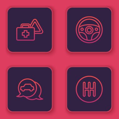 Set line First aid kit and warning triangle, Car service, Steering wheel and Gear shifter. Blue square button. Vector