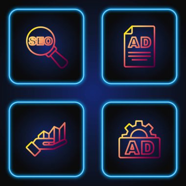 Satır Reklamcılığını, pasta grafiğini, SEO optimizasyonunu ayarlayın ve... Renk simgeleri. Vektör