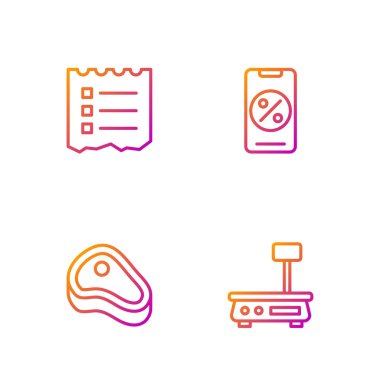 Set line Electronic scales, Steak meat, Shopping list and Percent discount and mobile. Gradient color icons. Vector