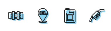 Set line Canister for motor oil, Metallic pipes and valve, Refill petrol fuel location and Gasoline pump nozzle icon. Vector