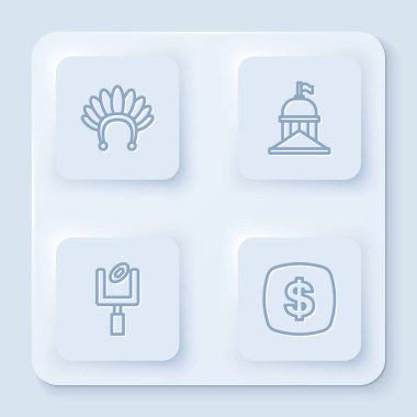 Set line Indian headdress with feathers, White House, American football goal post and Dollar symbol. White square button. Vector