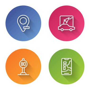 Set line Location, City map navigation, Speed limit traffic and . Color circle button. Vector