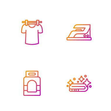 Hat havlu yığını, çamaşır deterjanı, kurutucu giysiler ve elektrikli ütü. Renk simgeleri. Vektör